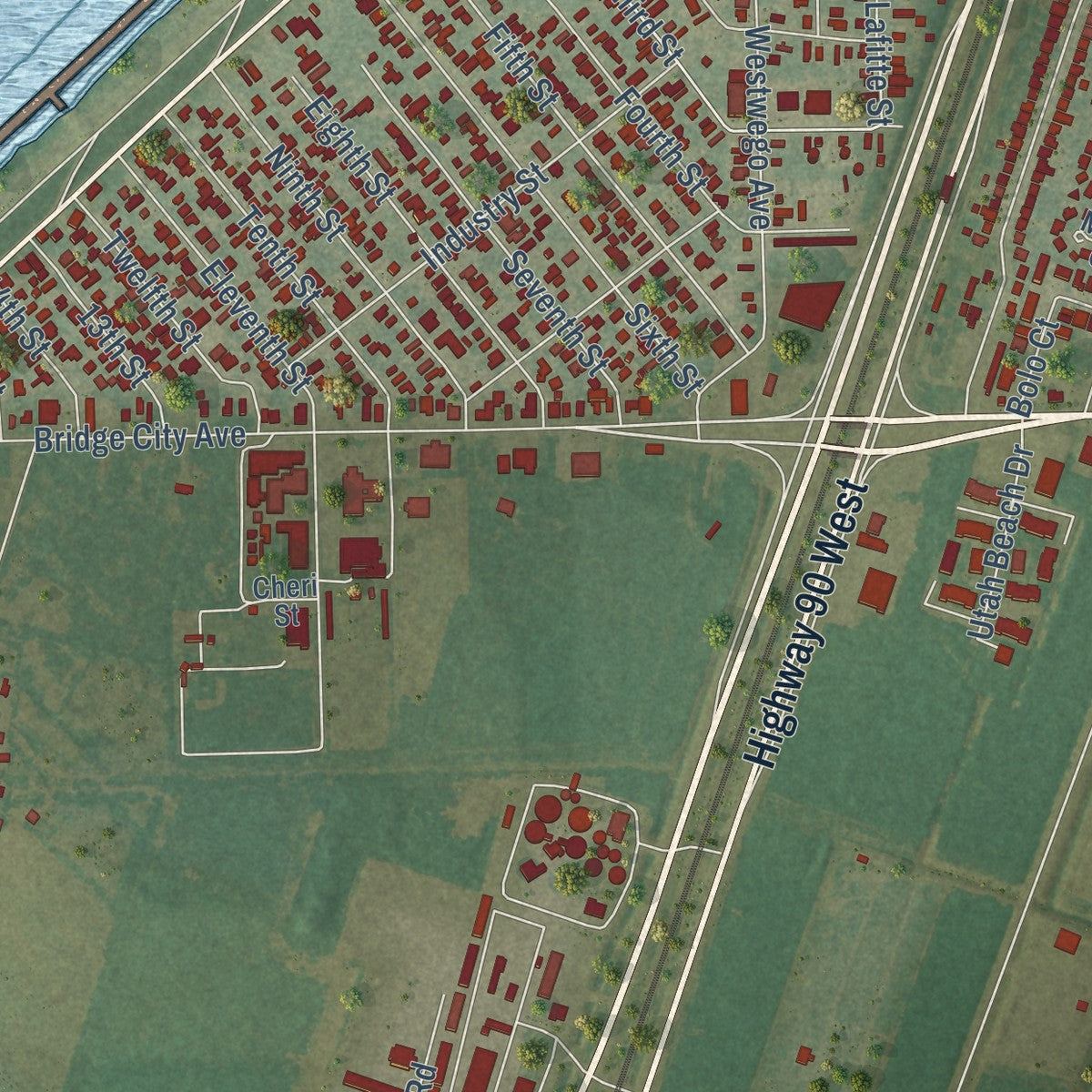 Close-up of the map of Bridge City, Louisiana print showing street and building detail