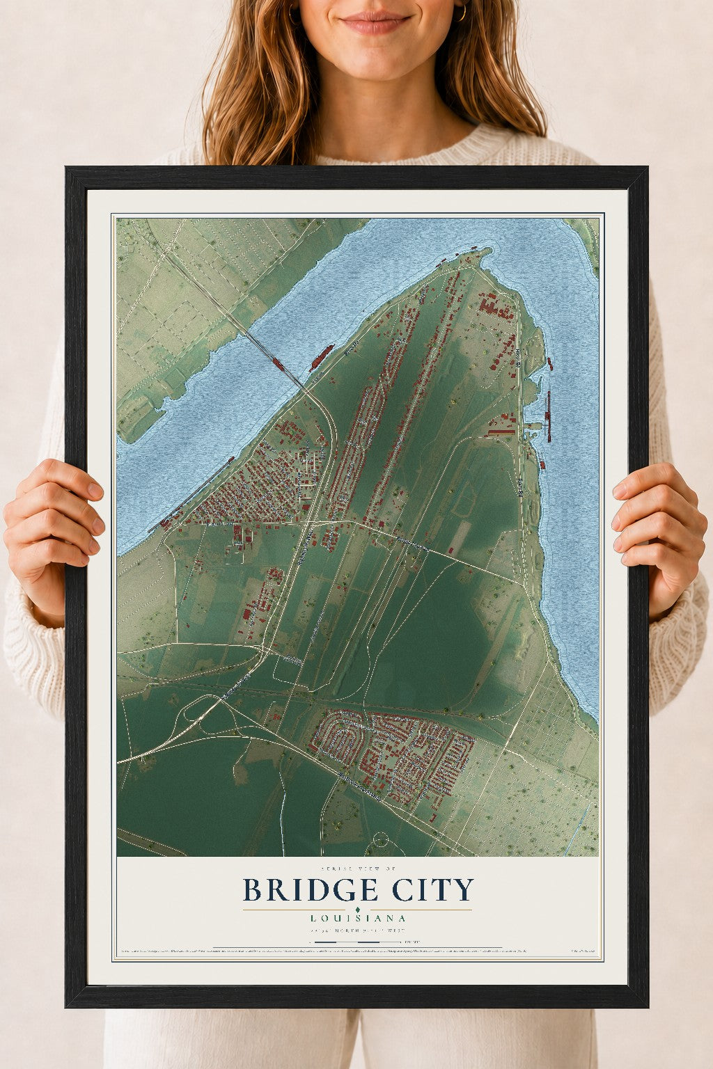 Map of Bridge City, Louisiana, 18 x 24 inch print in a black wood frame