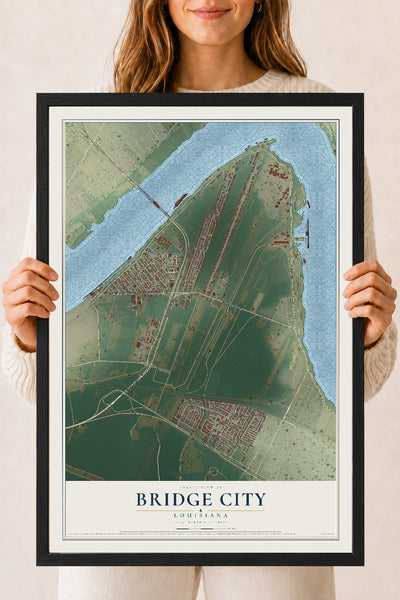 Map of Bridge City, Louisiana, 18 x 24 inch print in a black wood frame
