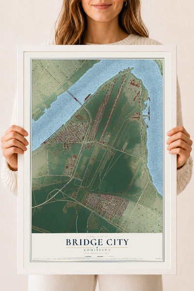 Map of Bridge City, Louisiana, 18 x 24 inch print in a white wood frame