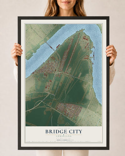 Map of Bridge City, Louisiana, 24 x 36 inch print in a black wood frame