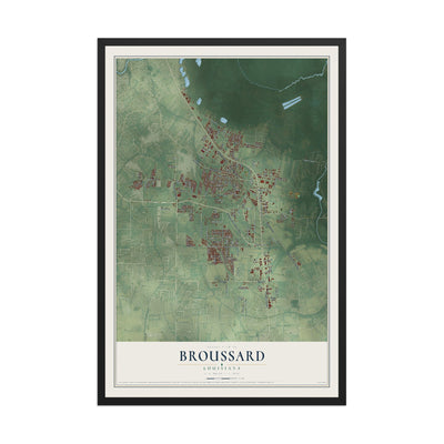 Map of Broussard, Louisiana, 12 x 18 inch print in a black wood frame
