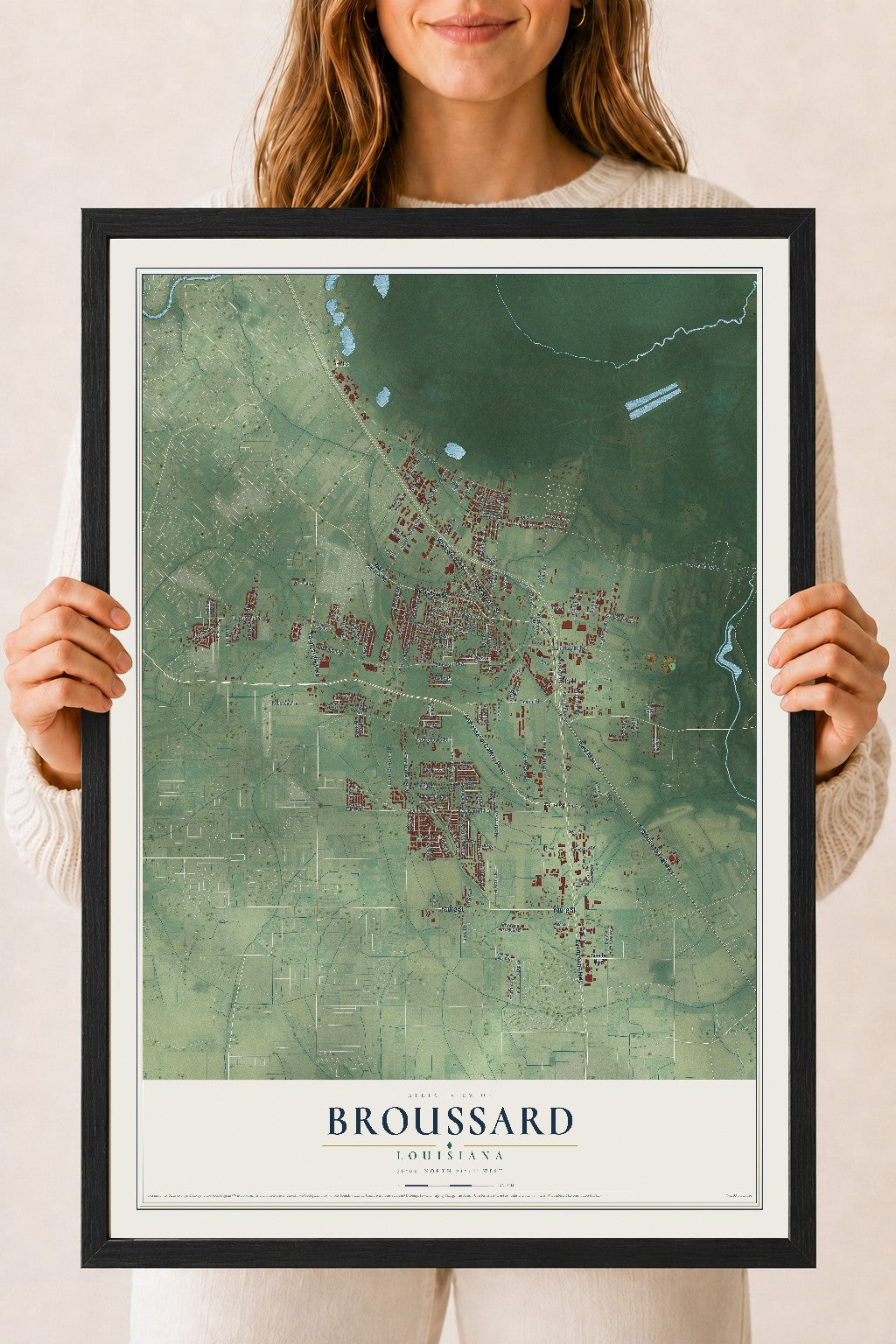 Map of Broussard, Louisiana, 18 x 24 inch print in a black wood frame