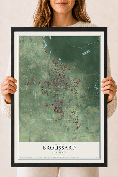 Map of Broussard, Louisiana, 18 x 24 inch print in a black wood frame