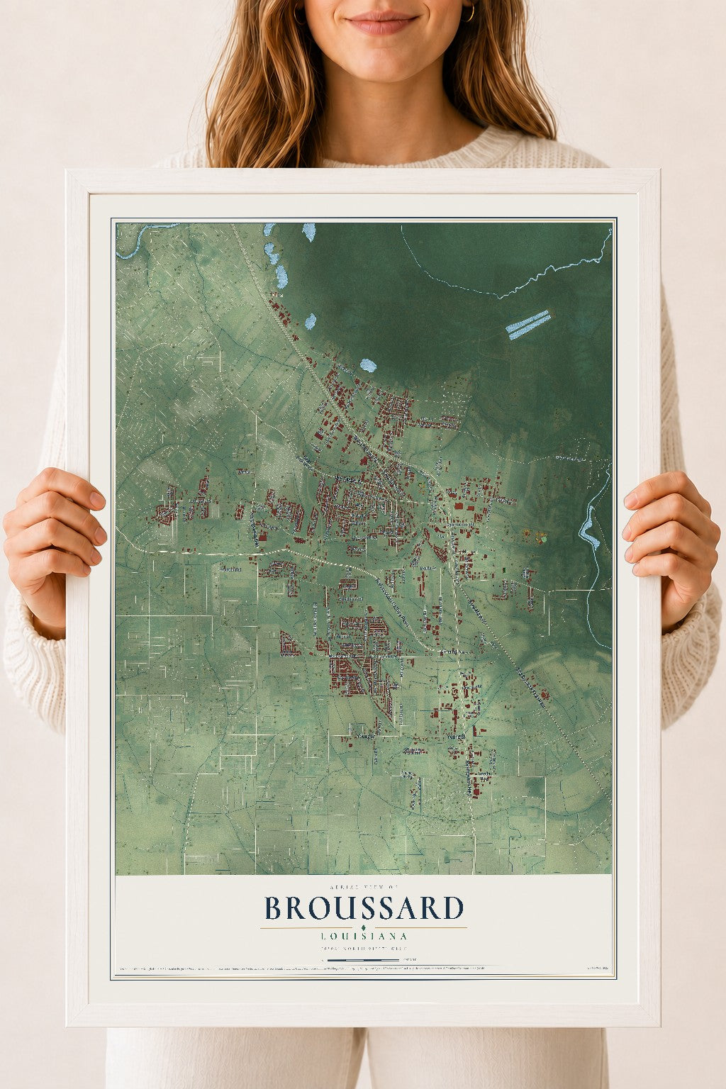 Map of Broussard, Louisiana, 18 x 24 inch print in a white wood frame