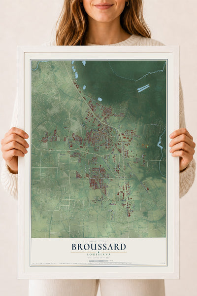 Map of Broussard, Louisiana, 18 x 24 inch print in a white wood frame