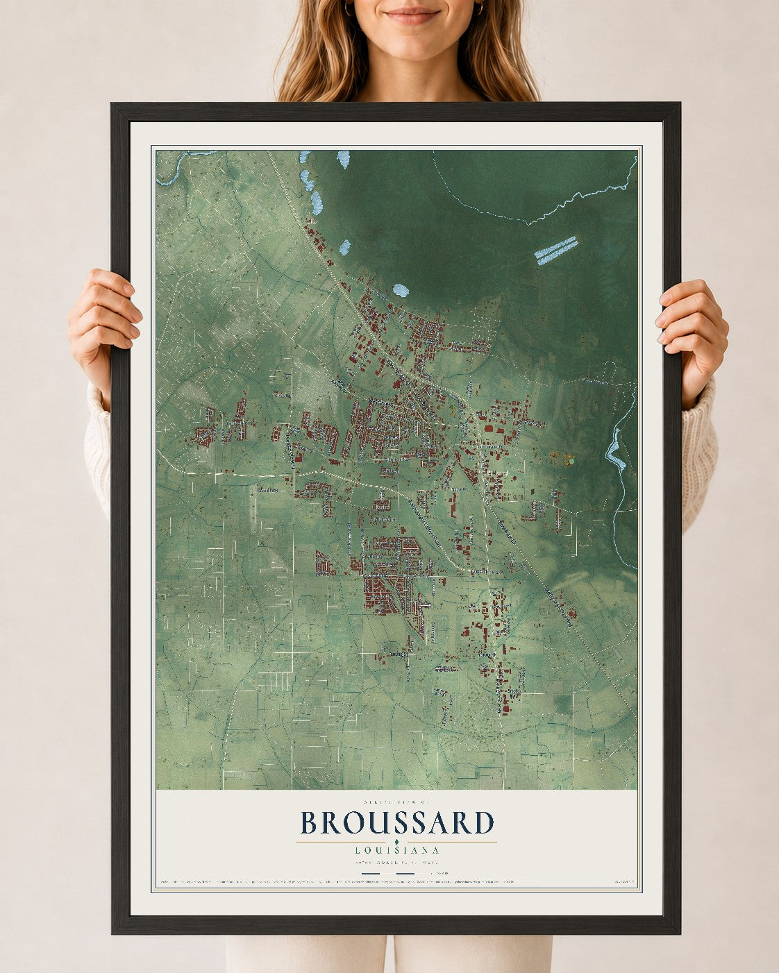 Map of Broussard, Louisiana, 24 x 36 inch print in a black wood frame
