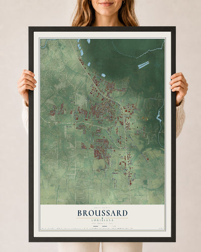 Map of Broussard, Louisiana, 24 x 36 inch print in a black wood frame