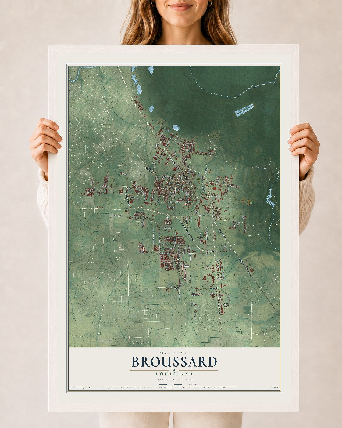 Map of Broussard, Louisiana, 24 x 36 inch print in a white wood frame