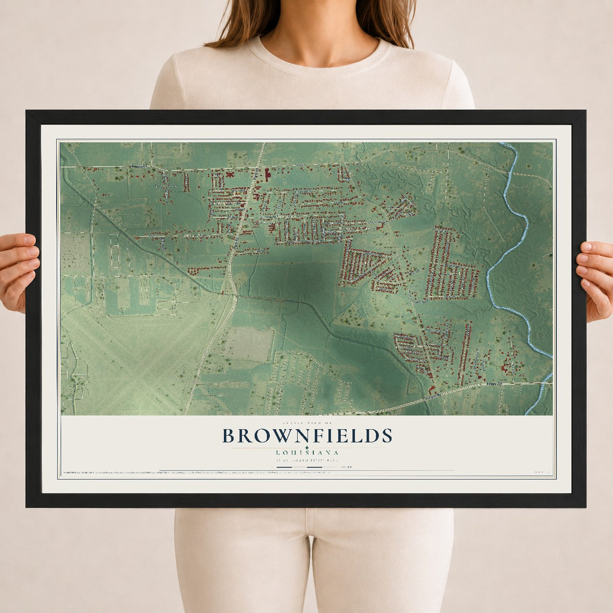Map of Brownfields, Louisiana, 18 x 24 inch print in a black wood frame