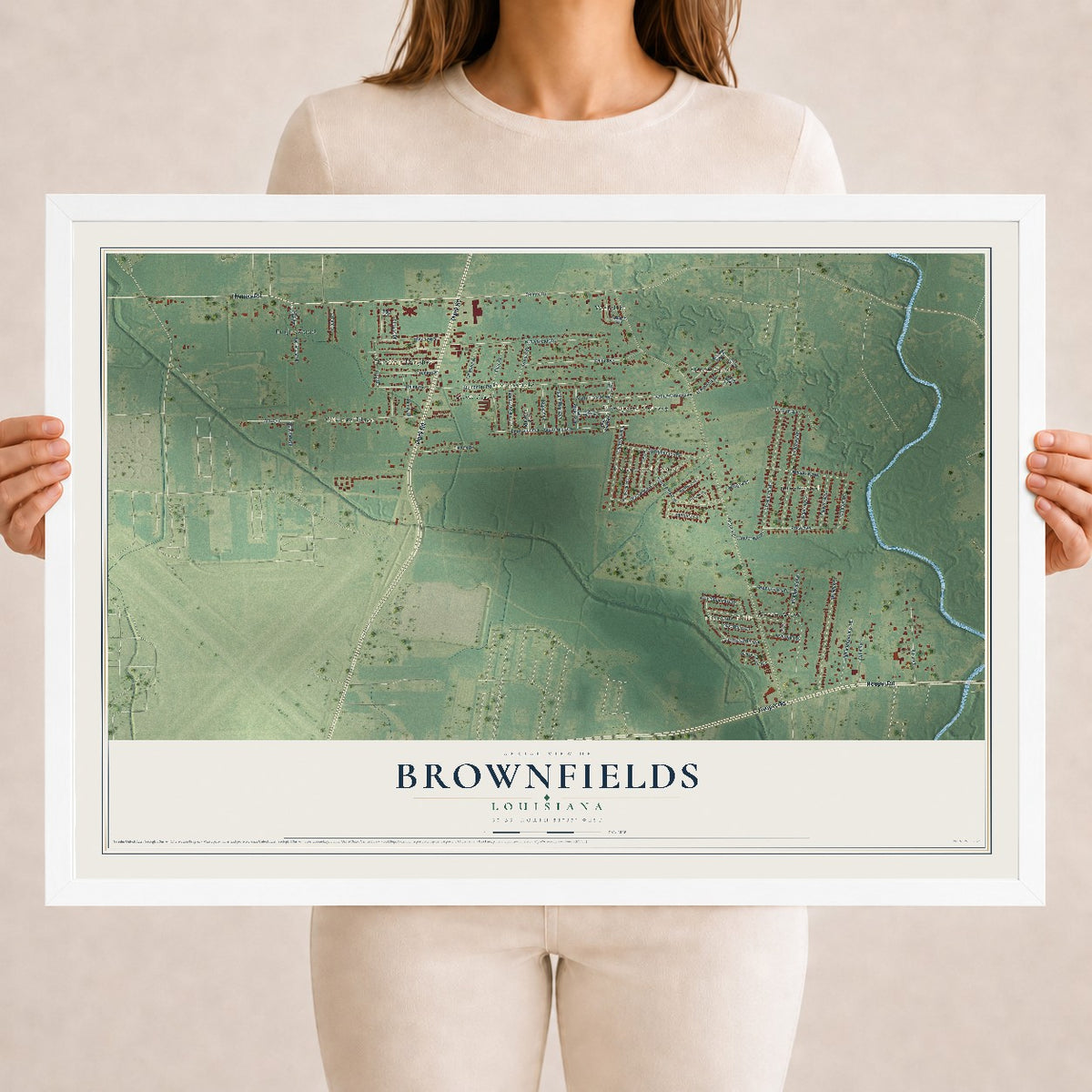 Map of Brownfields, Louisiana, 18 x 24 inch print in a white wood frame