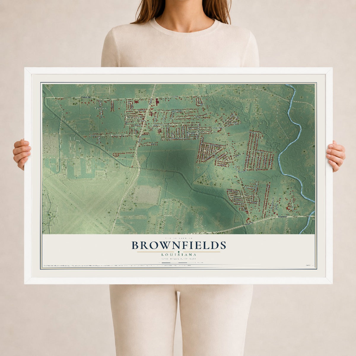 Map of Brownfields, Louisiana, 24 x 36 inch print in a white wood frame