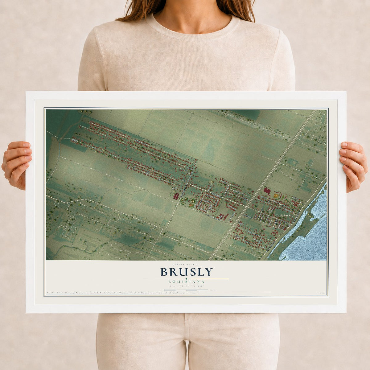 Map of Brusly, Louisiana, 12 x 18 inch print in a white wood frame