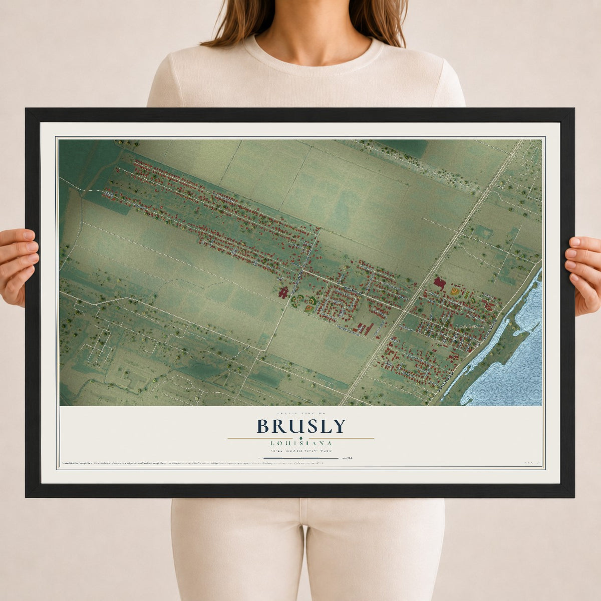 Map of Brusly, Louisiana, 18 x 24 inch print in a black wood frame