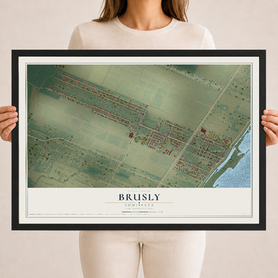 Map of Brusly, Louisiana, 18 x 24 inch print in a black wood frame