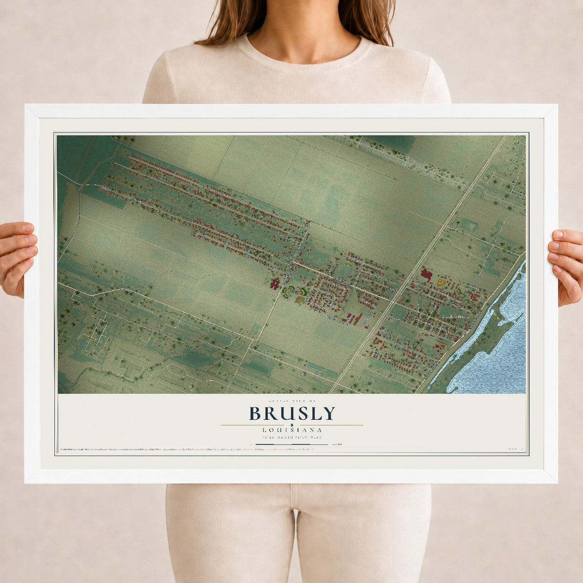 Map of Brusly, Louisiana, 18 x 24 inch print in a white wood frame