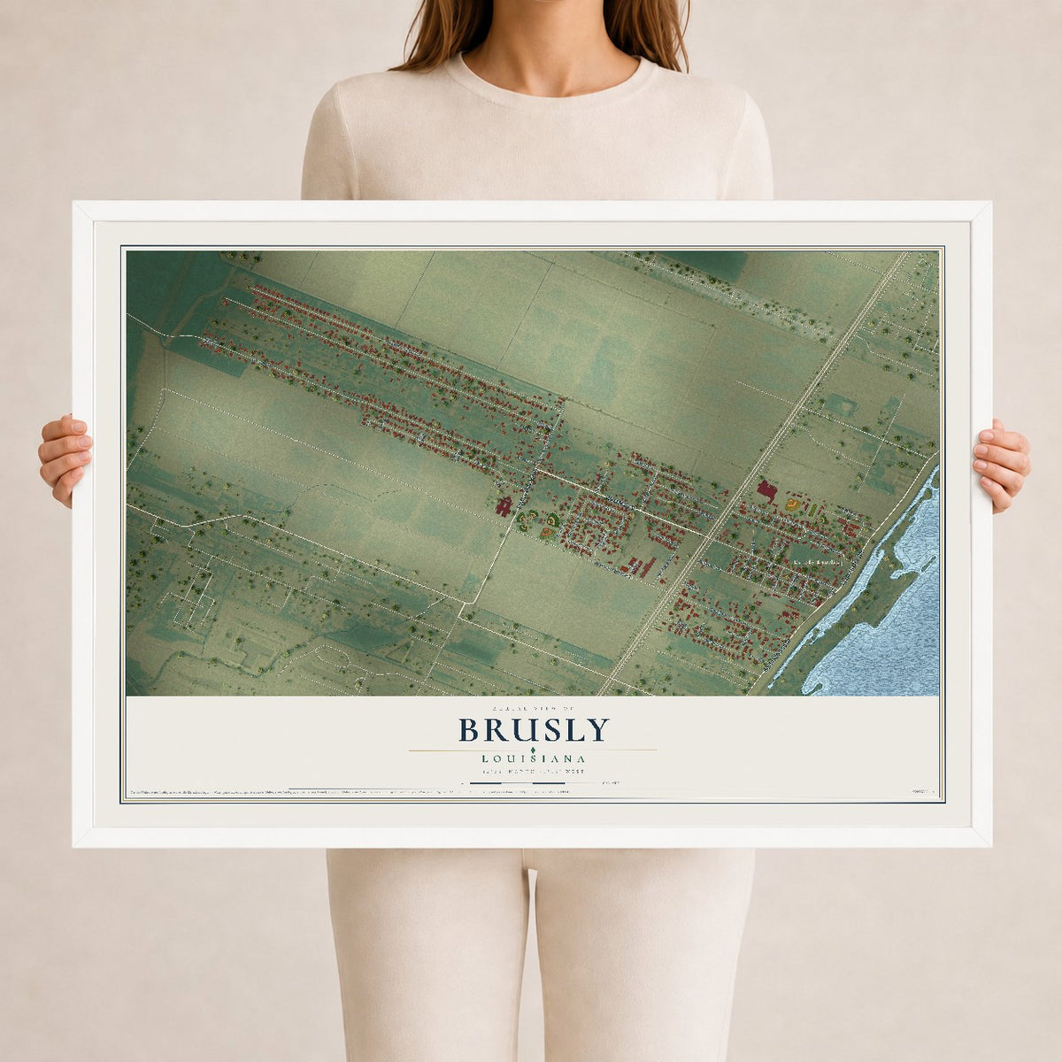 Map of Brusly, Louisiana, 24 x 36 inch print in a white wood frame