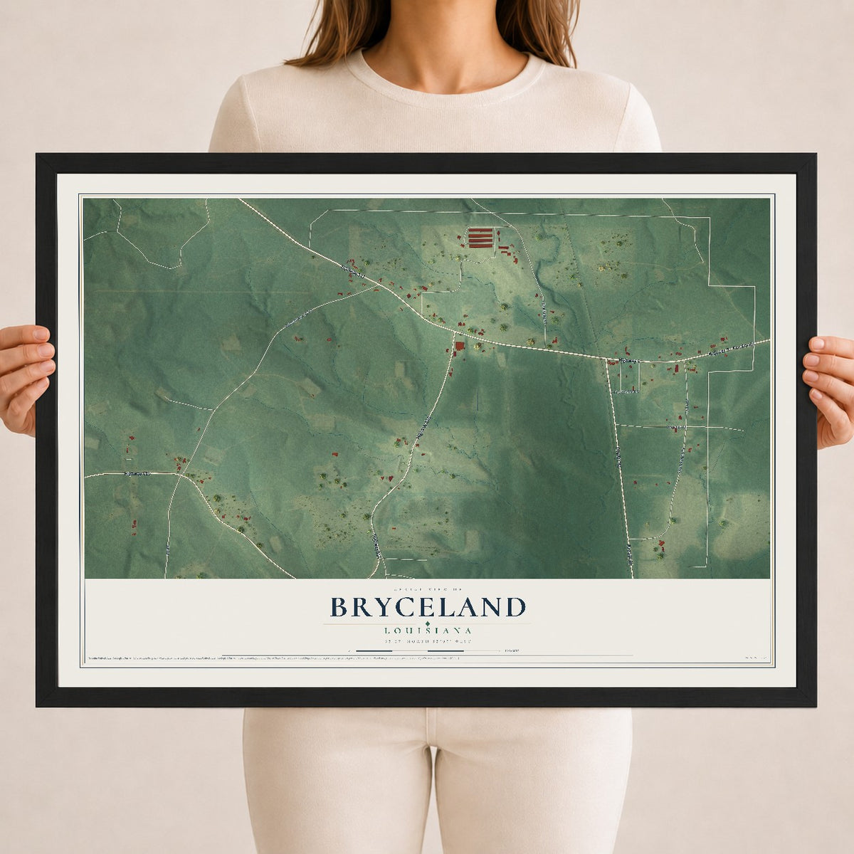 Map of Bryceland, Louisiana, 18 x 24 inch print in a black wood frame