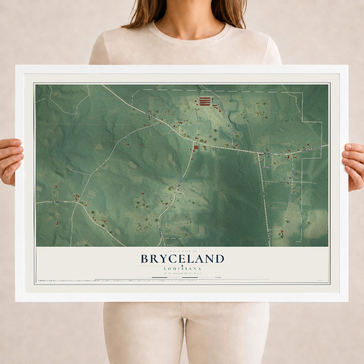 Map of Bryceland, Louisiana, 18 x 24 inch print in a white wood frame