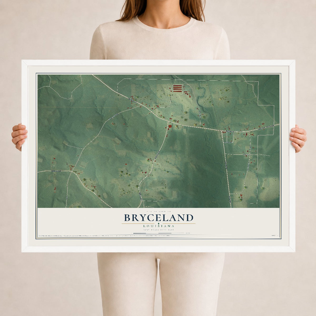 Map of Bryceland, Louisiana, 24 x 36 inch print in a white wood frame