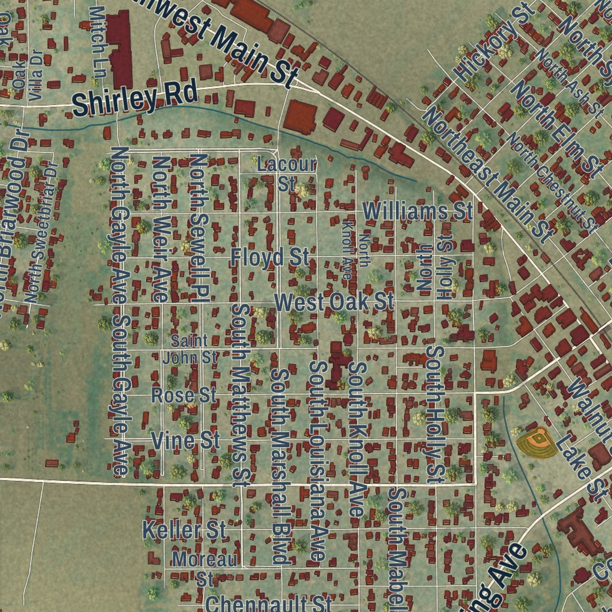 Close-up of the map of Bunkie, Louisiana print showing street and building detail