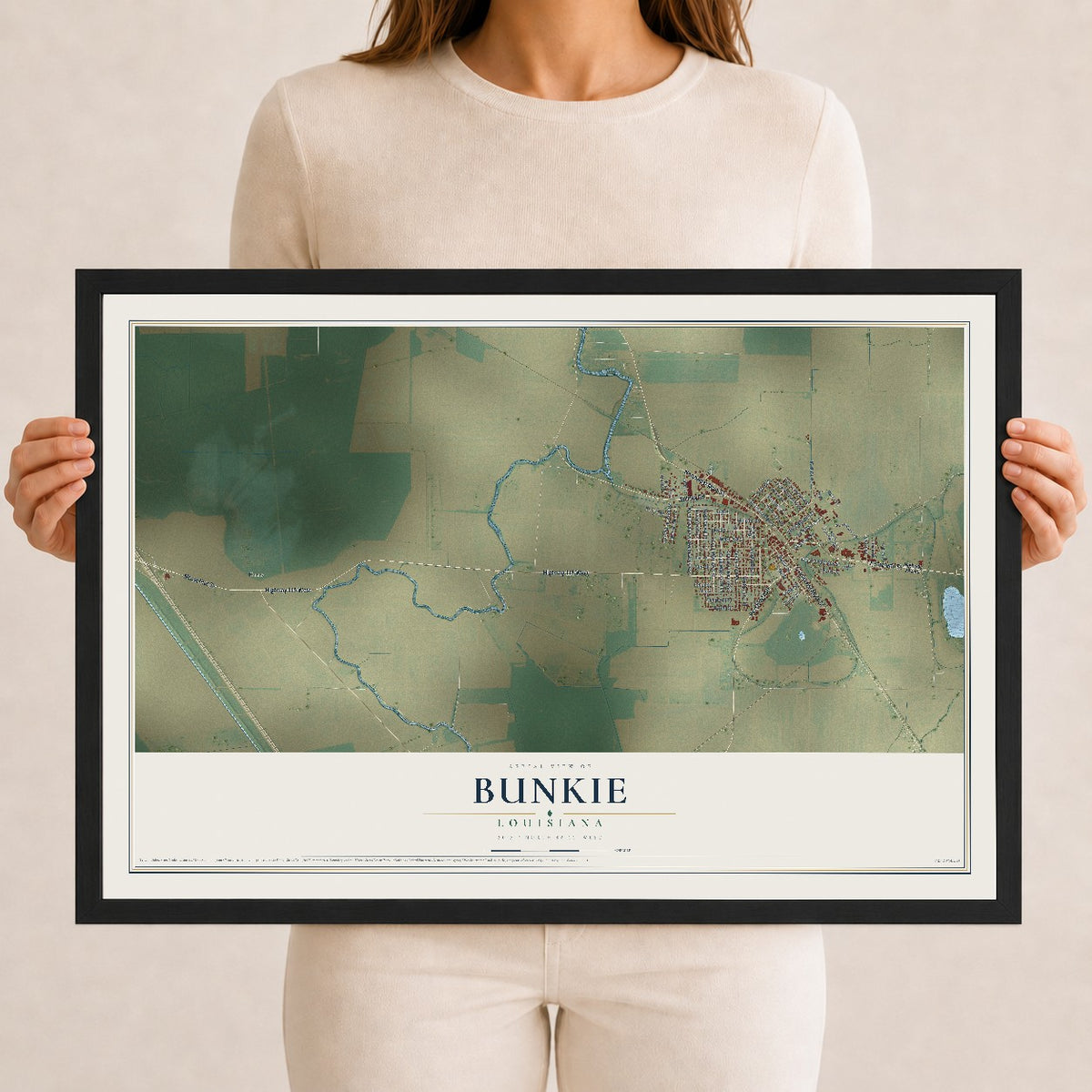 Map of Bunkie, Louisiana, 12 x 18 inch print in a black wood frame