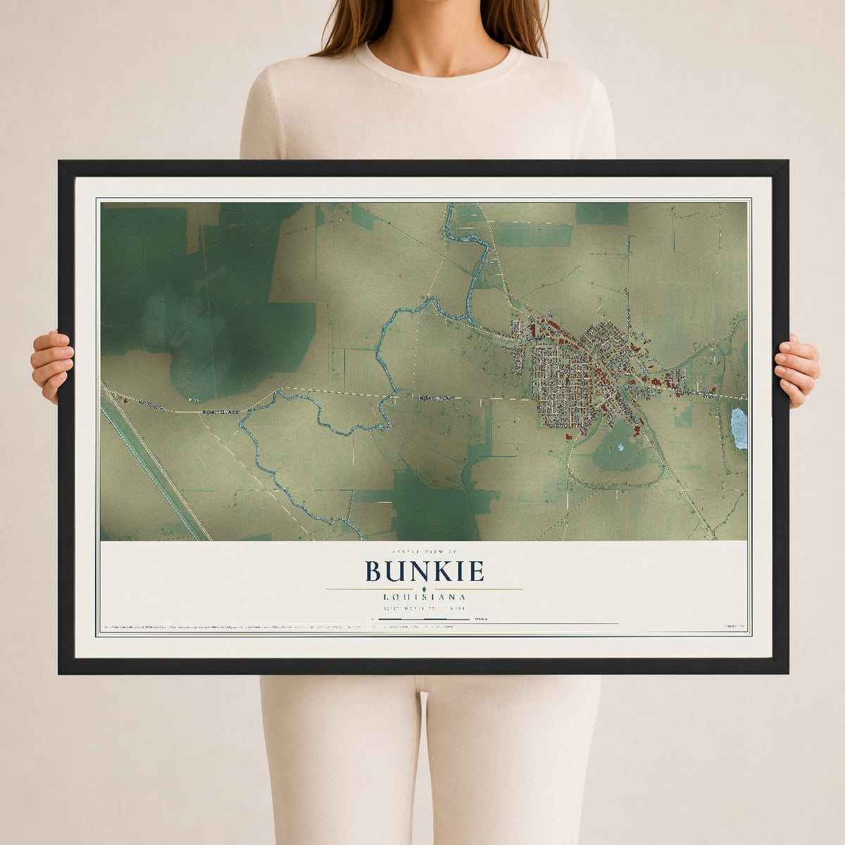 Map of Bunkie, Louisiana, 24 x 36 inch print in a black wood frame
