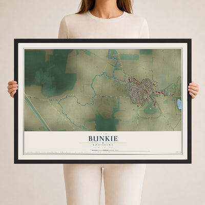 Map of Bunkie, Louisiana, 24 x 36 inch print in a black wood frame