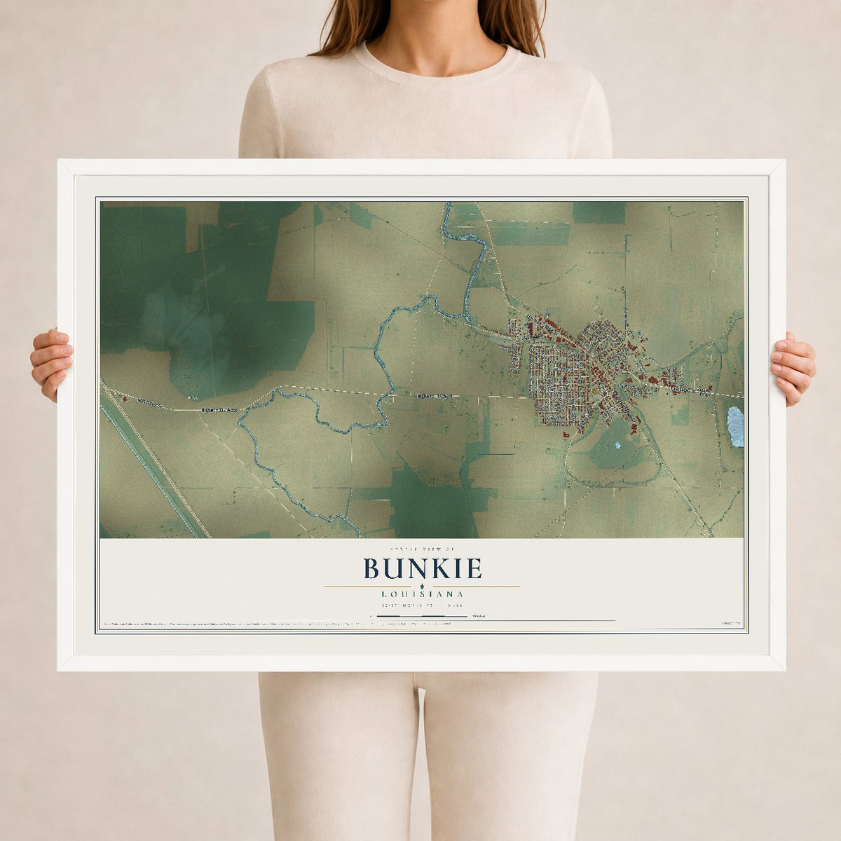 Map of Bunkie, Louisiana, 24 x 36 inch print in a white wood frame