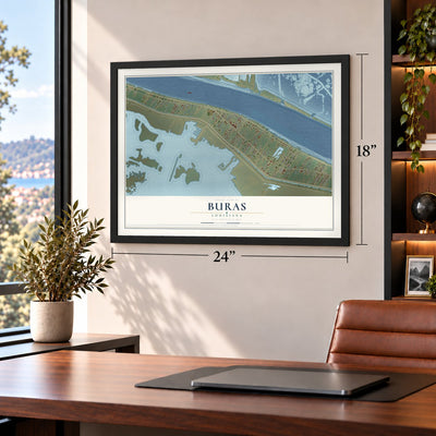 Buras, Louisiana map, 18 x 24 inch print in a black frame in a home office