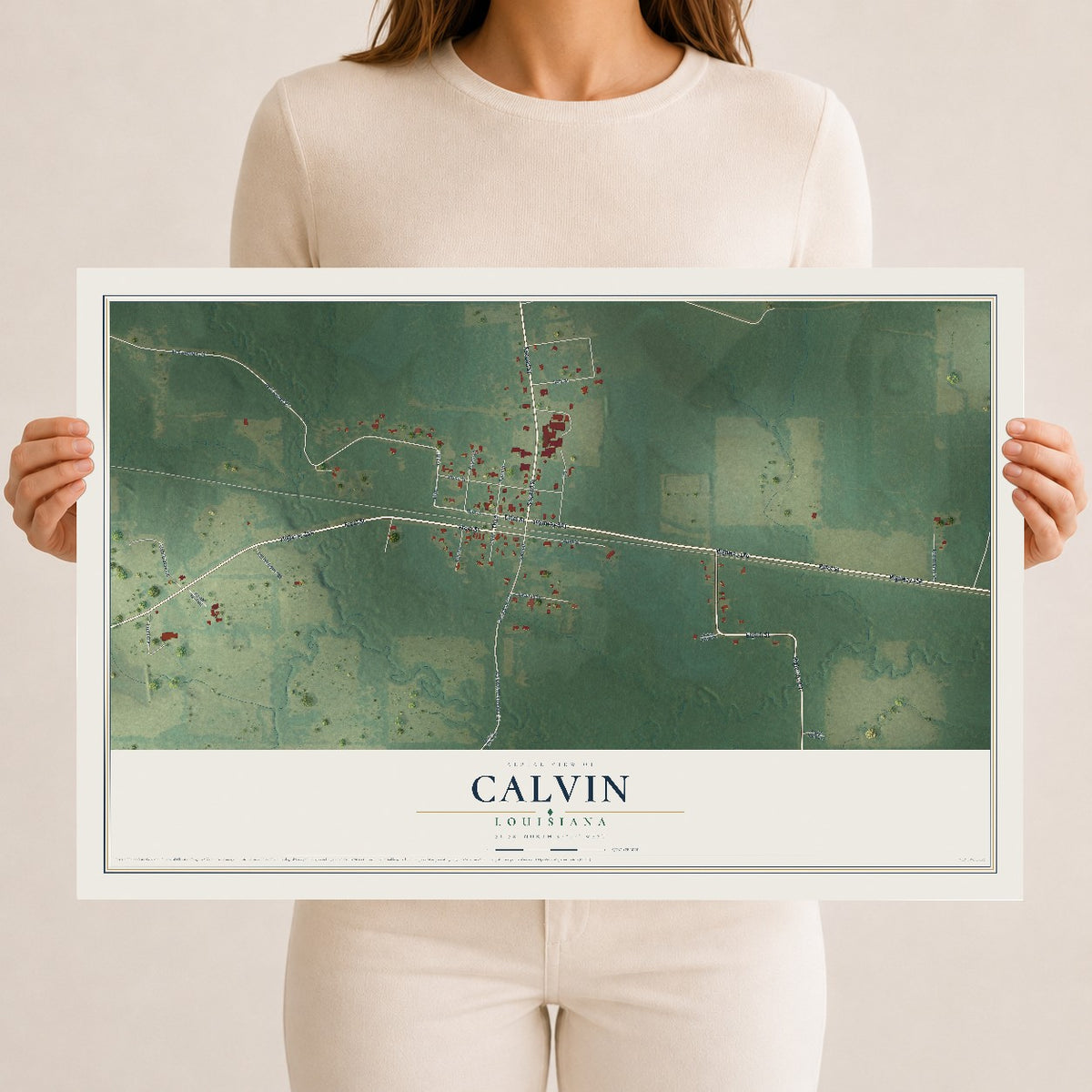 Map of Calvin, Louisiana, 12 x 18 inch unframed archival matte print