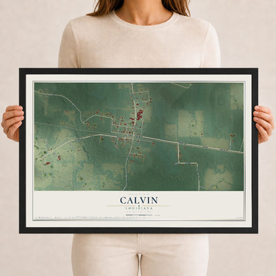 Map of Calvin, Louisiana, 12 x 18 inch print in a black wood frame