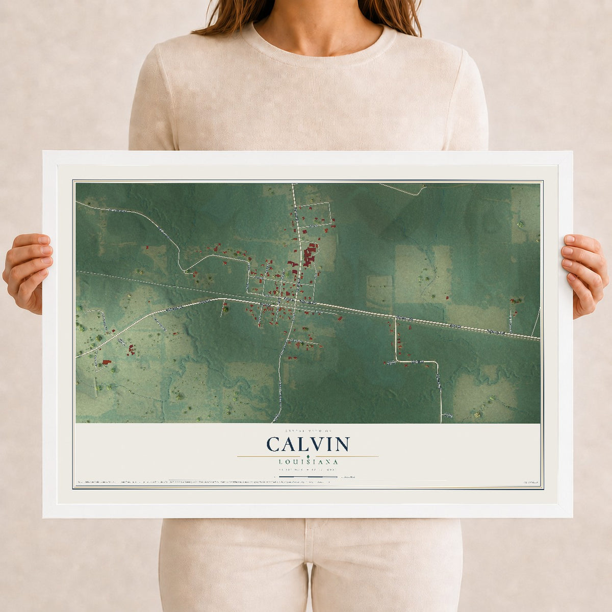 Map of Calvin, Louisiana, 12 x 18 inch print in a white wood frame