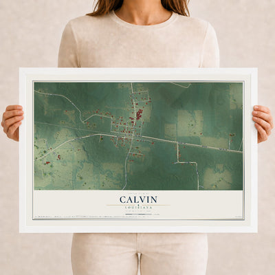 Map of Calvin, Louisiana, 12 x 18 inch print in a white wood frame