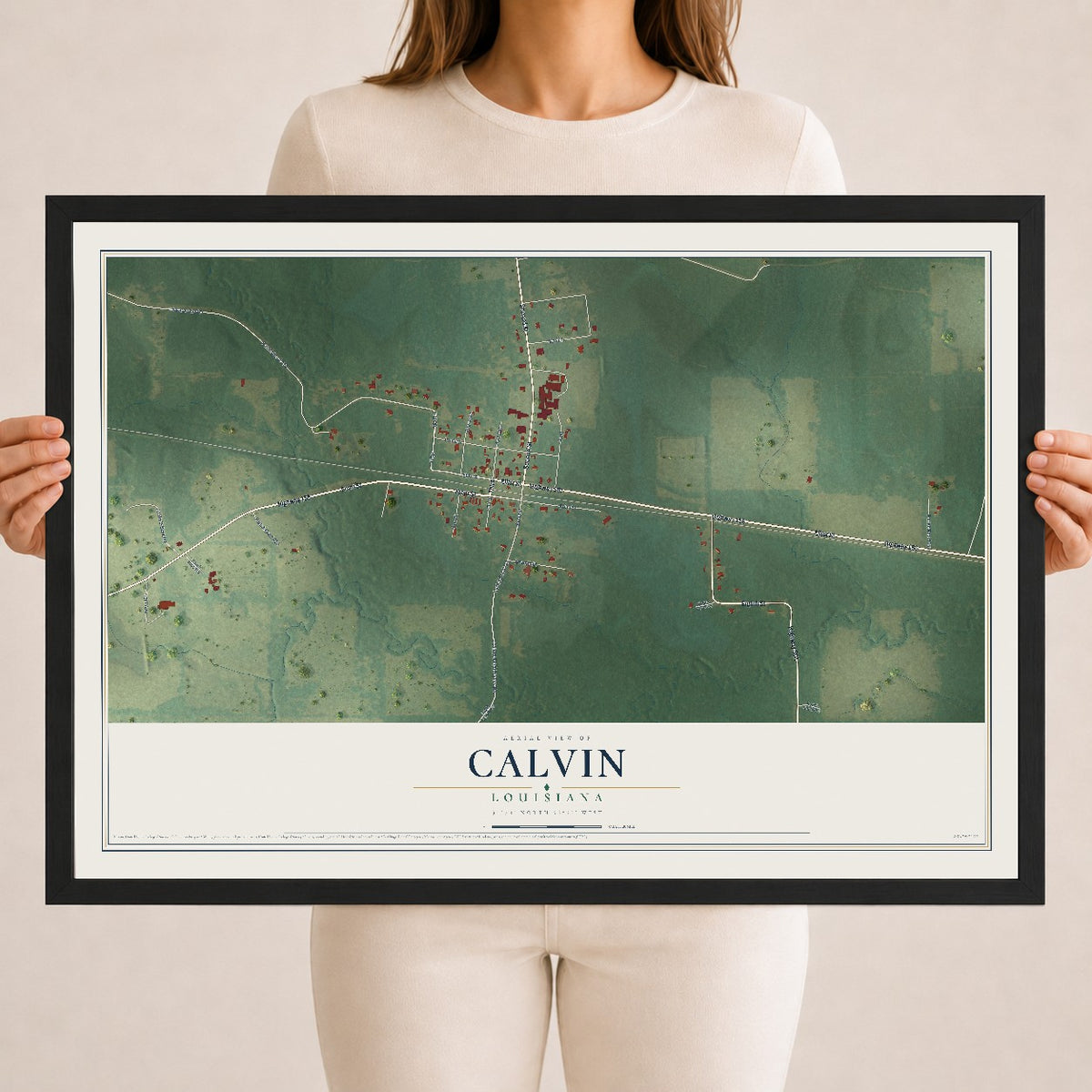Map of Calvin, Louisiana, 18 x 24 inch print in a black wood frame