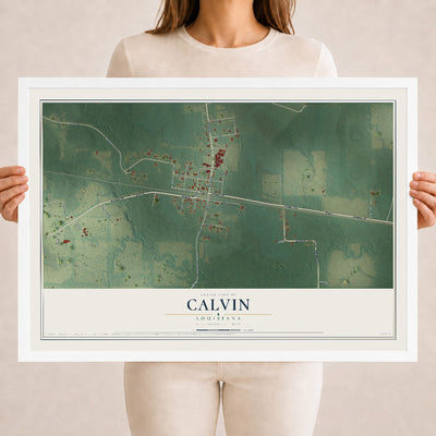 Map of Calvin, Louisiana, 18 x 24 inch print in a white wood frame