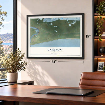 Cameron, Louisiana map, 18 x 24 inch print in a black frame in a home office
