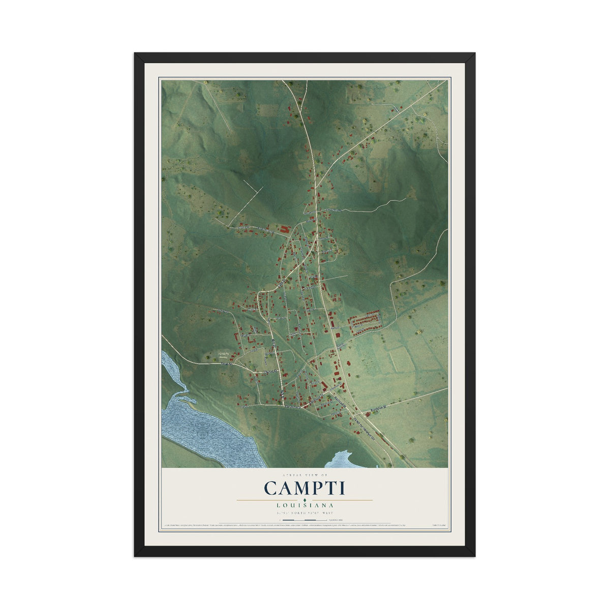 Map of Campti, Louisiana, 12 x 18 inch print in a black wood frame