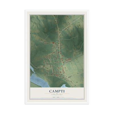 Map of Campti, Louisiana, 12 x 18 inch print in a white wood frame