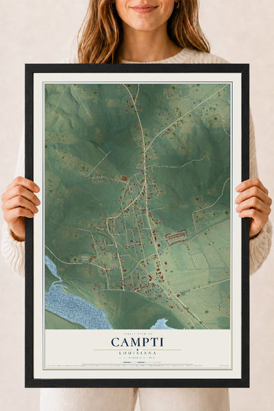 Map of Campti, Louisiana, 18 x 24 inch print in a black wood frame