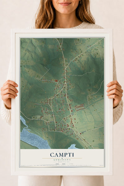 Map of Campti, Louisiana, 18 x 24 inch print in a white wood frame