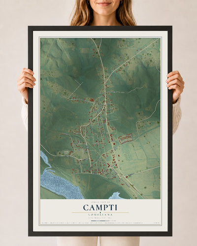 Map of Campti, Louisiana, 24 x 36 inch print in a black wood frame