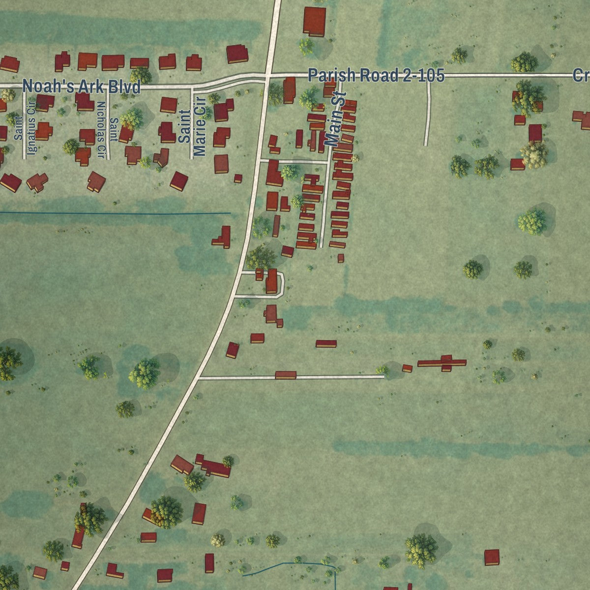 Close-up of the map of Cankton, Louisiana print showing street and building detail