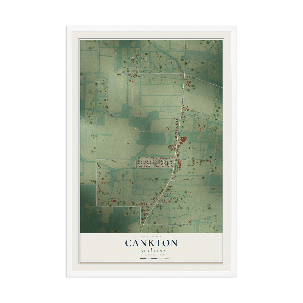 Map of Cankton, Louisiana, 12 x 18 inch print in a white wood frame