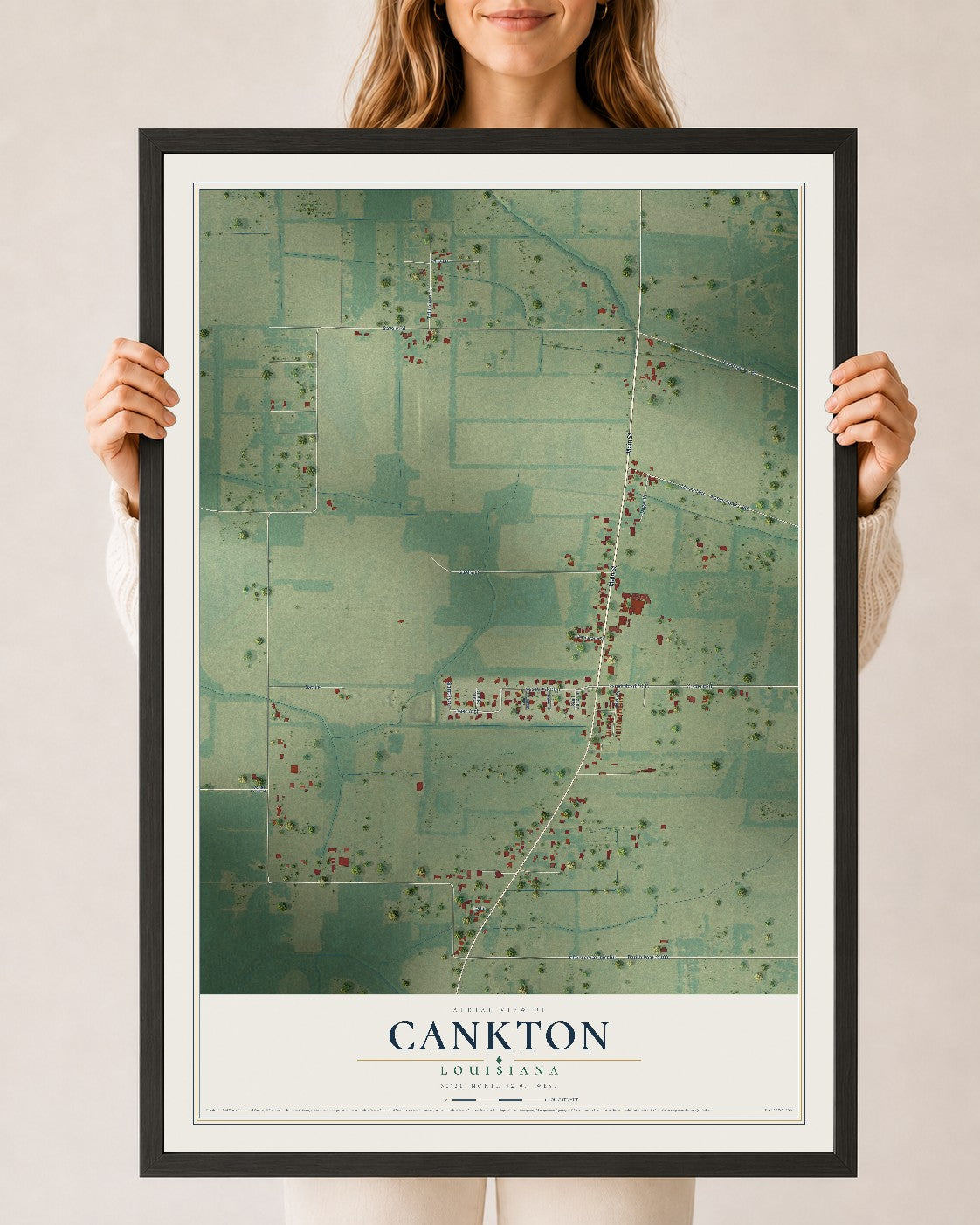 Map of Cankton, Louisiana, 24 x 36 inch print in a black wood frame