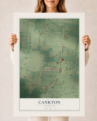 Map of Cankton, Louisiana, 24 x 36 inch print in a white wood frame