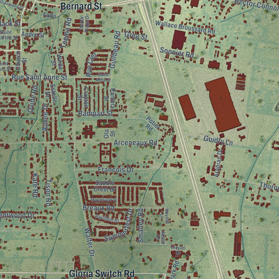Close-up of the map of Carencro, Louisiana print showing street and building detail