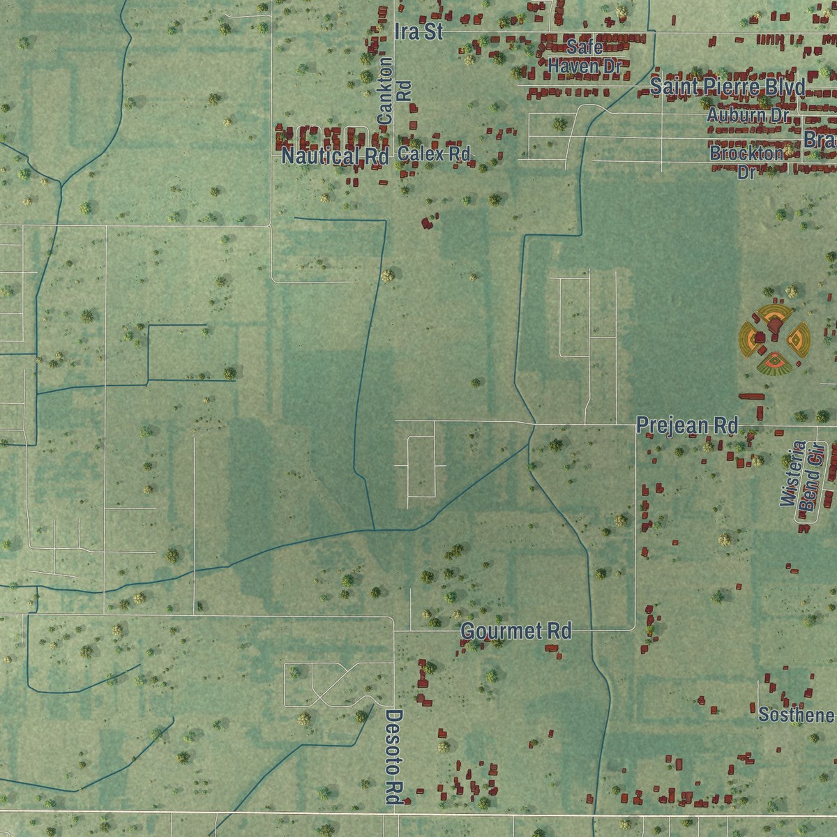 Second close-up of the map of Carencro, Louisiana print showing more streets and buildings