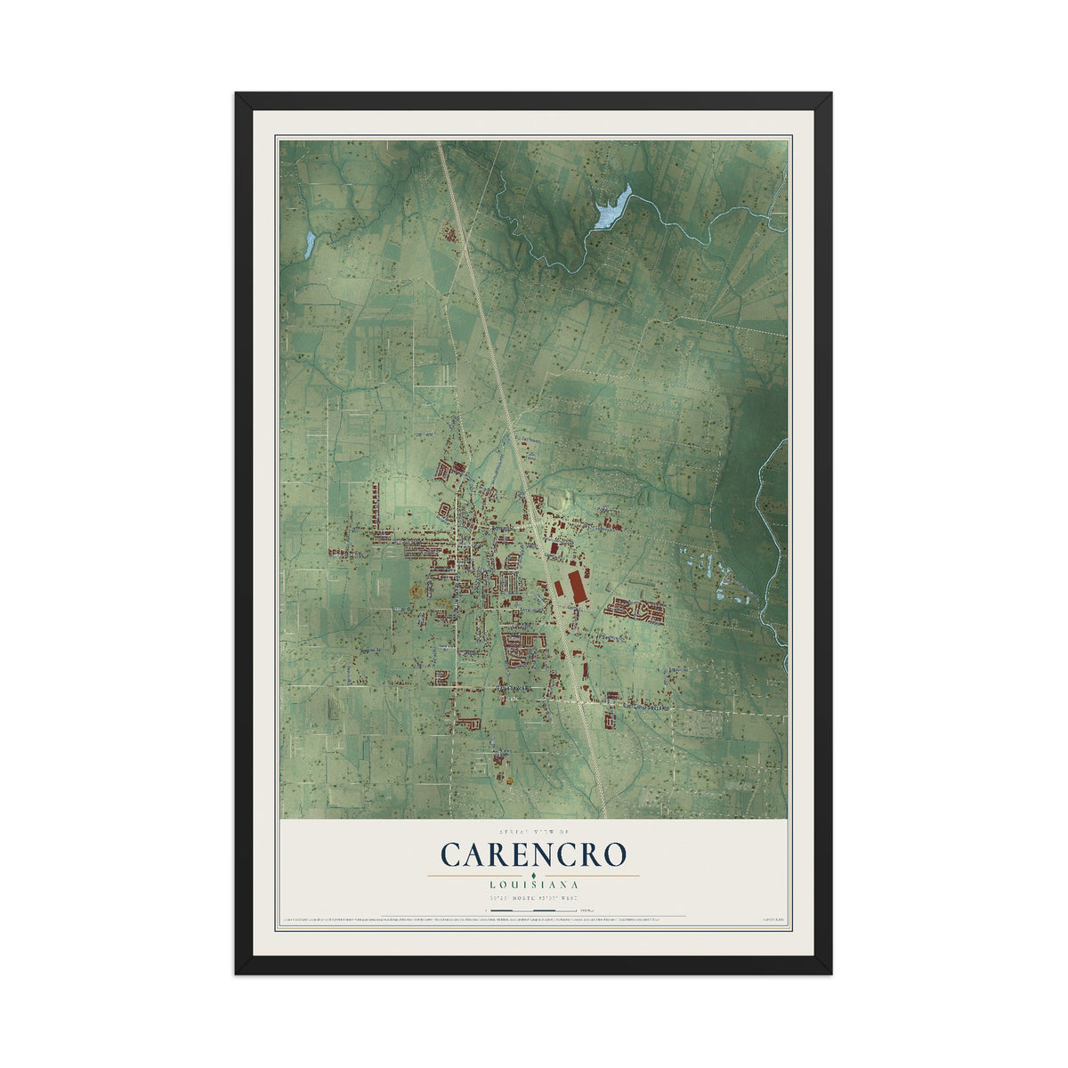 Map of Carencro, Louisiana, 12 x 18 inch print in a black wood frame