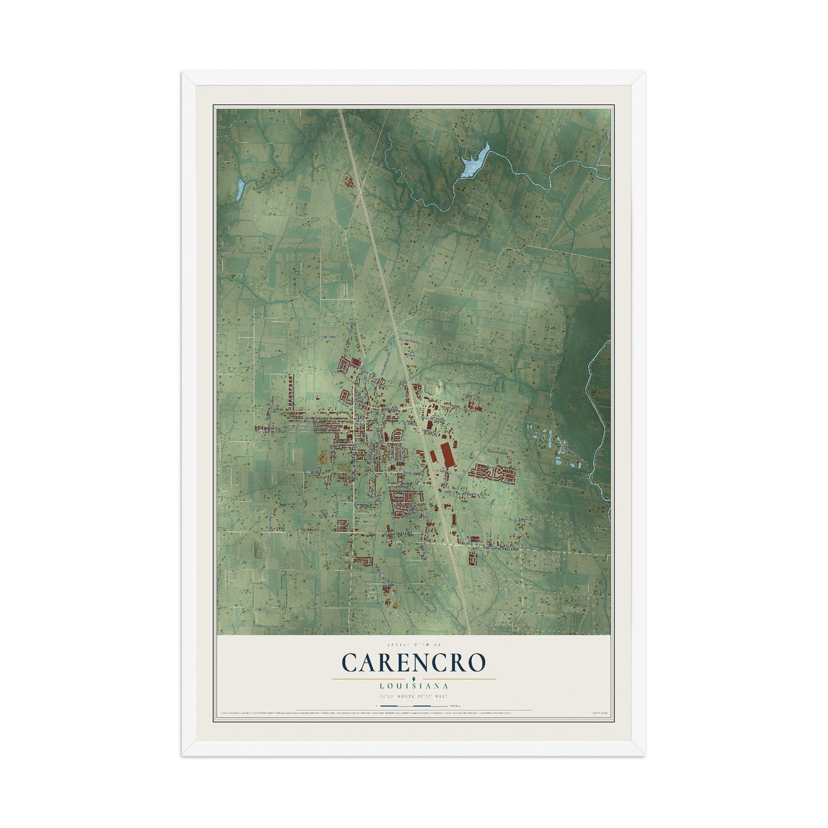 Map of Carencro, Louisiana, 12 x 18 inch print in a white wood frame
